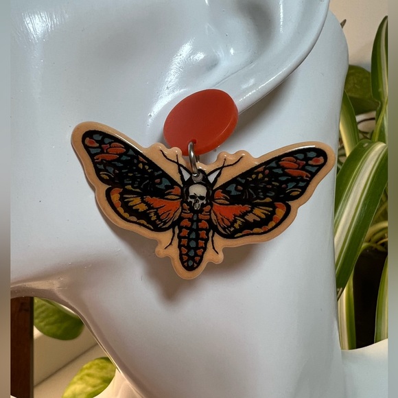Orange Butterfly & Skull Dangle Earrings - Butterfly Goth Earrings -Emo Earrings - Picture 2 of 6